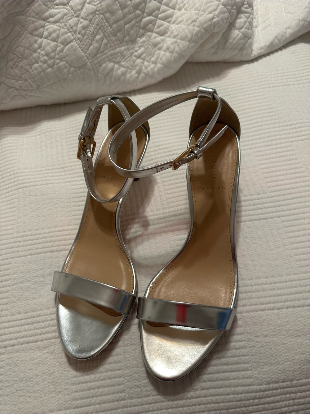 Silver Ankle-Strap Women’s Sandals.  JCrew kitten heel.